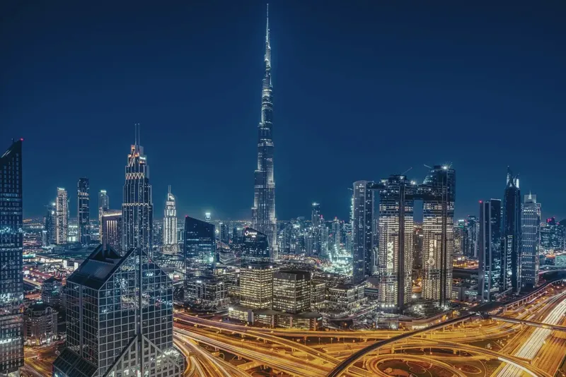 Dubai financial district skyline at night